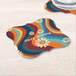 Retro Groovy 70's Regenboog Madelief Verjaardag Kartonnen Onderzetters