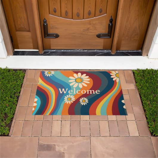 Retro Groovy 70's Regenboog Madeliefje Deurmat (Buiten)