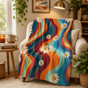 Retro Groovy 70's Regenboog Madeliefje Fleece Deken
