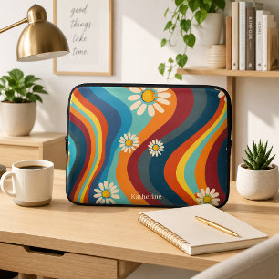 Retro Groovy 70's Regenboog Madeliefje  Laptop Sleeve
