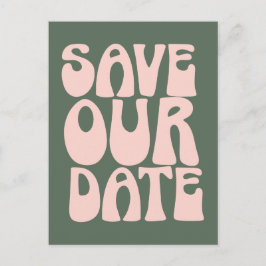 Retro Groovy 70s Roze en Groen Bewaar de Datum  Briefkaart