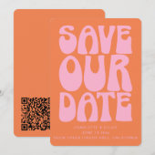 Retro Groovy 70s Roze en Oranje QR Code Huwelijk Save The Date (Voorkant / Achterkant)