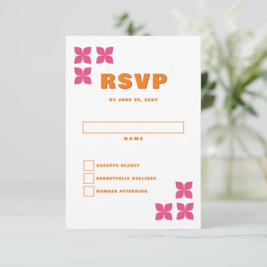 Retro Groovy 70s Roze Sinaasappel bruiloft RSVP Kaartje (Staand voorkant)