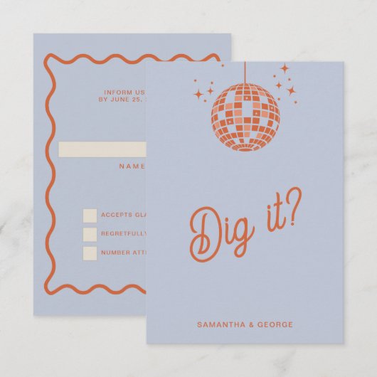 Retro Groovy 70s Schattige Blauw Sinaasappel Disco RSVP Kaartje (Voorkant / Achterkant)