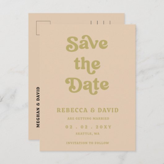 Retro Groovy 70s Schattige Groen Save The Date Aankondigingskaart (Voorkant / Achterkant)