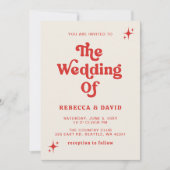 Retro Groovy 70s Schattige Ivoor Rood Roze Bruilof Kaart (Voorkant)