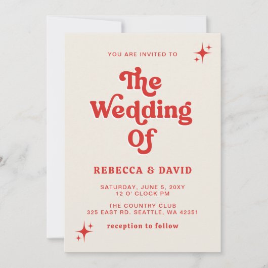 Retro Groovy 70s Schattige Ivoor Rood Roze Bruilof Kaart (Voorkant)