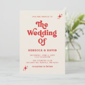 Retro Groovy 70s Schattige Ivoor Rood Roze Bruilof Kaart (Staand voorkant)