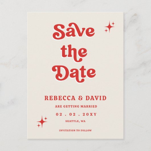 Retro Groovy 70s Schattige Ivoor Rood Roze Save Th Aankondigingskaart (Voorkant)