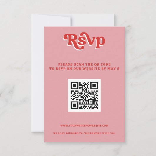 Retro Groovy 70s Schattige Roze en Rode QR-code RSVP Kaartje (Voorkant)