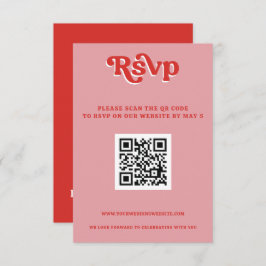 Retro Groovy 70s Schattige Roze en Rode QR-code RSVP Kaartje