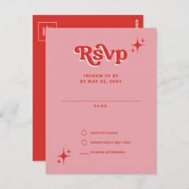 Retro Groovy 70s Schattige Roze en Rode RSVP Briefkaart
