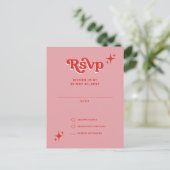 Retro Groovy 70s Schattige Roze en Rode RSVP Briefkaart (Staand voorkant)