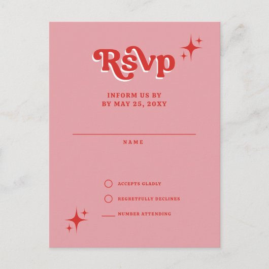 Retro Groovy 70s Schattige Roze en Rode RSVP Briefkaart (Voorkant)