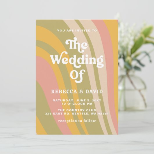 Retro Groovy 70s Schattige Roze Groen Geel Bruilof Kaart (Staand voorkant)