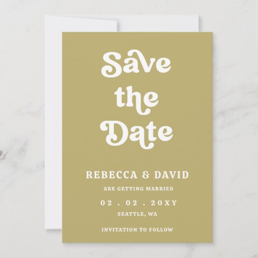 Retro Groovy 70s Schattigee Groene Bruiloft Save The Date (Voorkant)