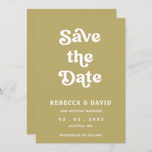 Retro Groovy 70s Schattigee Groene Bruiloft Save The Date (Voorkant / Achterkant)