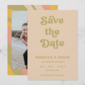 Retro Groovy 70s Schattigee Groene Foto Bruiloft Save The Date (Voorkant / Achterkant)