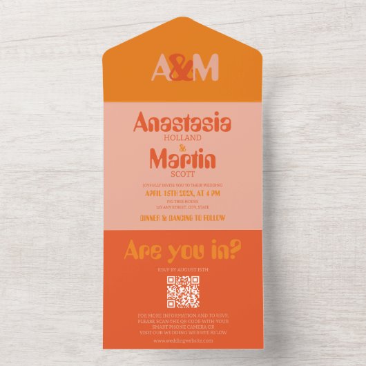 Retro Groovy 70s Sinaasappel Bold QR Bruiloft All In One Uitnodiging (Binnen)