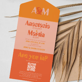 Retro Groovy 70s Sinaasappel Bold QR Bruiloft All In One Uitnodiging