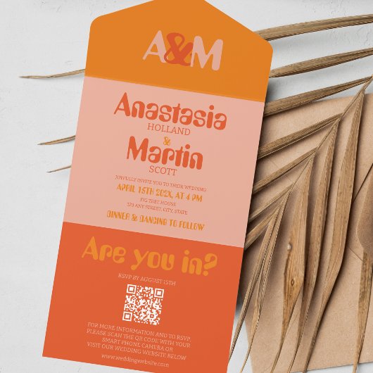 Retro Groovy 70s Sinaasappel Bold QR Bruiloft All In One Uitnodiging