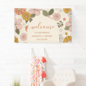 Retro Groovy 70's thema gedempte tonen bruiloft  Spandoek (Insitu)