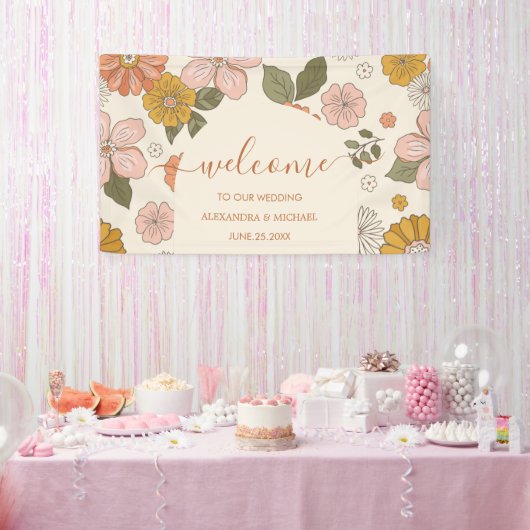 Retro Groovy 70's thema gedempte tonen bruiloft  Spandoek (Feest)