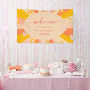 Retro Groovy 70's thema oranje gele Trouwdag Spandoek