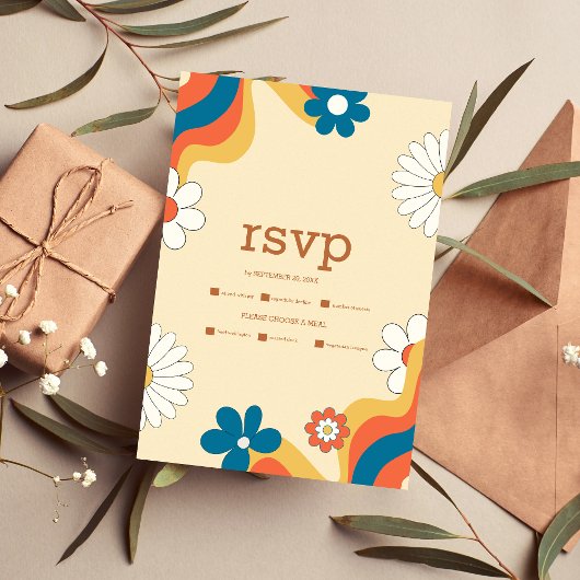 Retro Groovy 70's Themahuwelijk Uitnodiging RSVP i