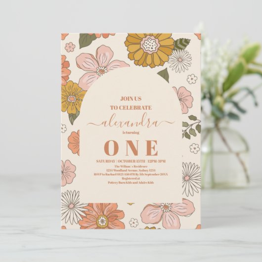 Retro Groovy 70's Theme Muted Tones 1e Verjaardag Kaart (Staand voorkant)