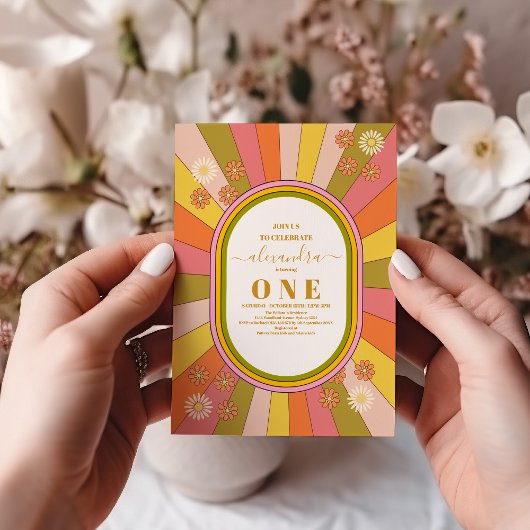 Retro Groovy 70's Theme Muted Tones 1e Verjaardag Kaart