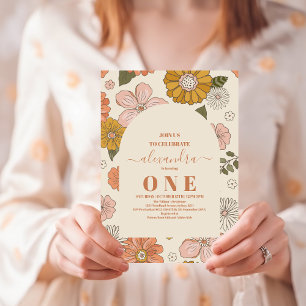 Retro Groovy 70's Theme Muted Tones 1e Verjaardag Kaart