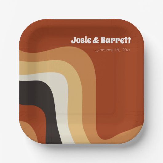 Retro Groovy 70's Wavy Oranje bruine bruine bruinb Papieren Bordje (Voorkant)