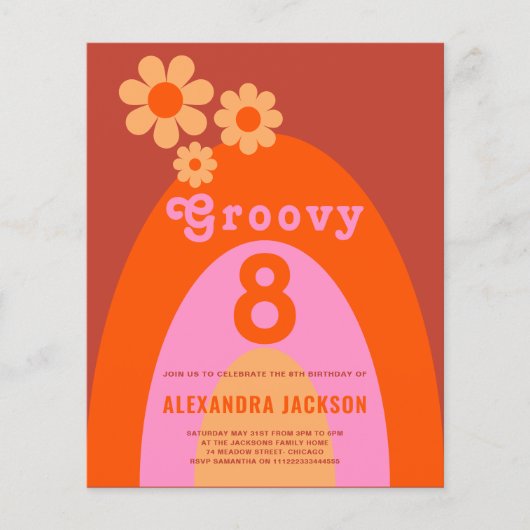Retro Groovy 8e verjaardagsfeest budget Flyer (Voorkant)