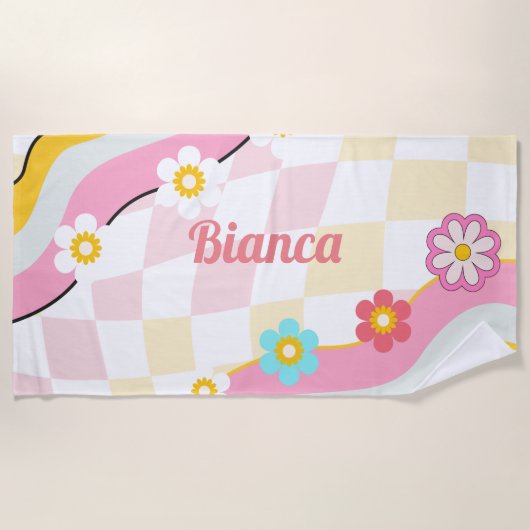 Retro Groovy Aangepaste naam Strandhanddoek Bruids Strandlaken (Voorkant)