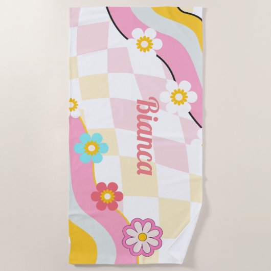 Retro Groovy Aangepaste naam Strandhanddoek Bruids Strandlaken (Voorkant)