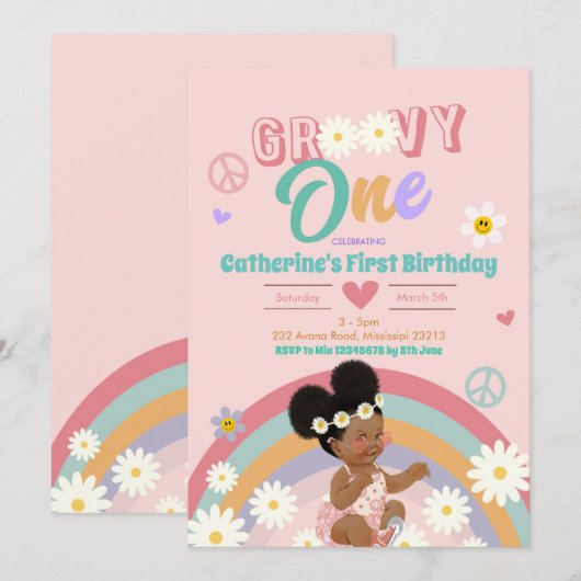 Retro Groovy Afro Girl een eerste verjaardag Kaart (Voorkant / Achterkant)