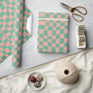 retro groovy aqua roze golvende geruite  cadeaupapier