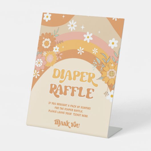 Retro groovy baby diaper raffle reclamebord met voetstuk (Voorkant)