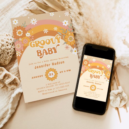 Retro groovy baby shower kaart