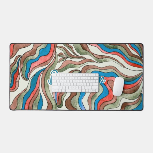 Retro Groovy Blauw Rood Groen Golvend Script Naam Bureaumat (Keyboard & Muis)