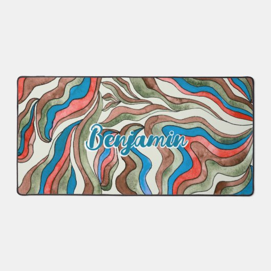 Retro Groovy Blauw Rood Groen Golvend Script Naam Bureaumat (Voorkant)