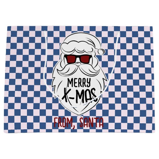 Retro Groovy Blauwe Geruite Kerstman Kerstmis Groot Cadeauzakje (Voorkant)
