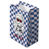 Retro Groovy Blauwe Geruite Kerstman Kerstmis Medium Cadeauzakje (Voorkant Gekanteld)