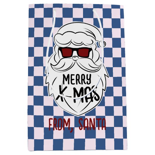 Retro Groovy Blauwe Geruite Kerstman Kerstmis Medium Cadeauzakje (Voorkant)