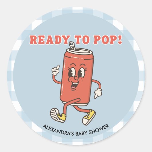Retro Groovy Blauwe Gingham Ze staat op springen Ronde Sticker (Voorkant)