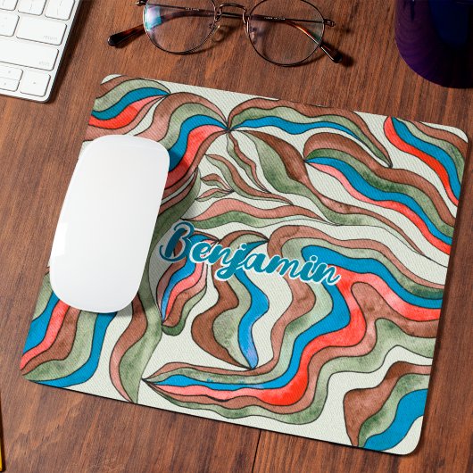 Retro Groovy Blauwe Rode Groene Golvende Script Na Muismat
