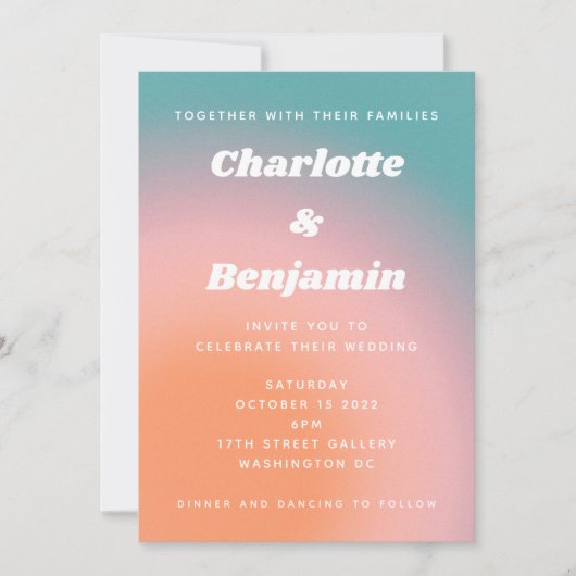 Retro Groovy Blauwgroen Roze Oranje Abstract huwel Kaart (Voorkant)