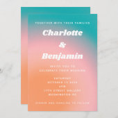 Retro Groovy Blauwgroen Roze Oranje Abstract huwel Kaart (Voorkant / Achterkant)