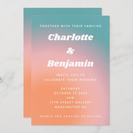 Retro Groovy Blauwgroen Roze Oranje Abstract huwel Kaart (Voorkant / Achterkant)